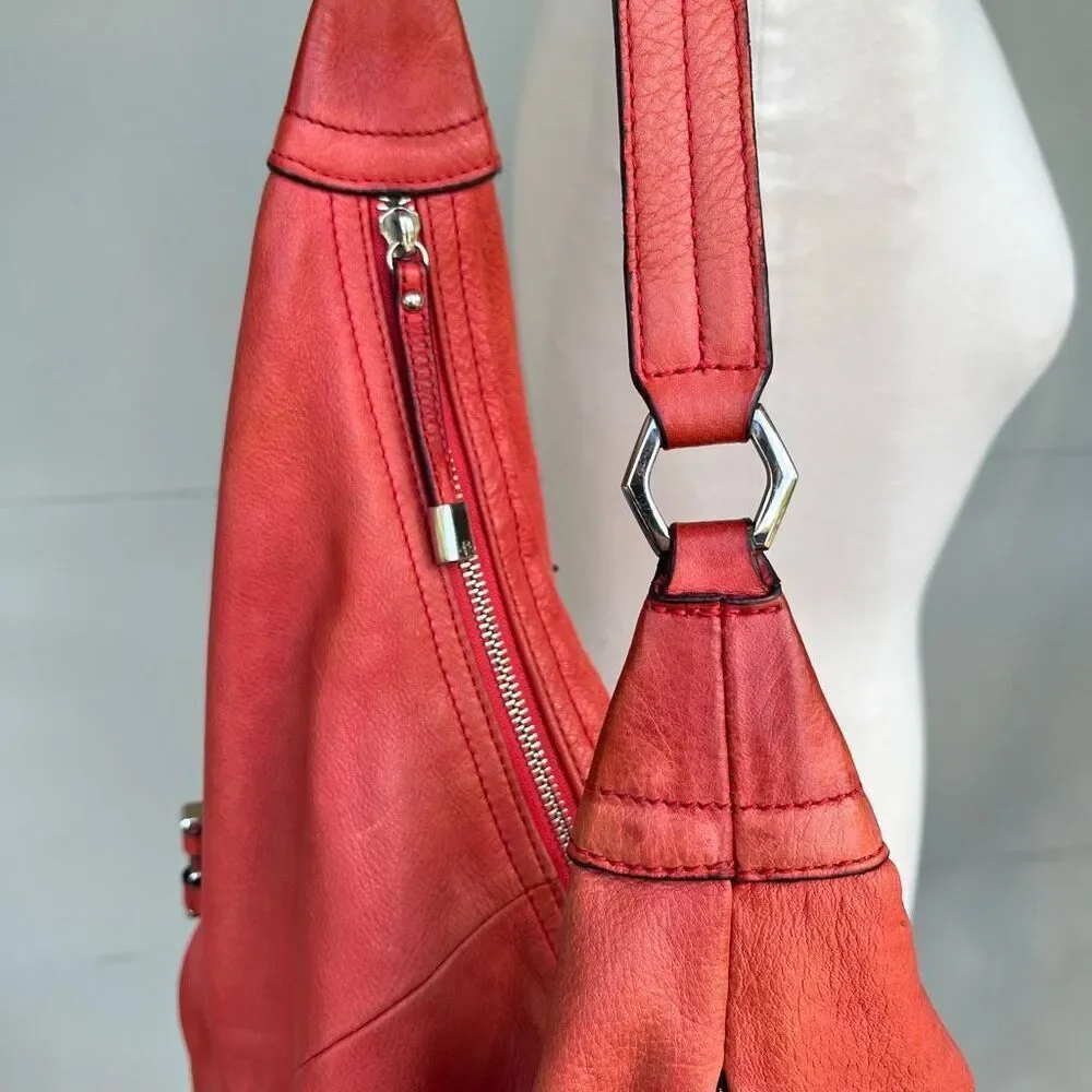 VTG B. Makowsky Coral Red Leather Hobo Bag | Slouchy Bucket Shoulder Purse - Picture 4 of 13